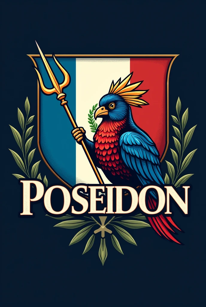 LOGO WITH WORD "Poseidon" with the Guatemalan flag in the background and a royal quetzal with a red chest and a trident