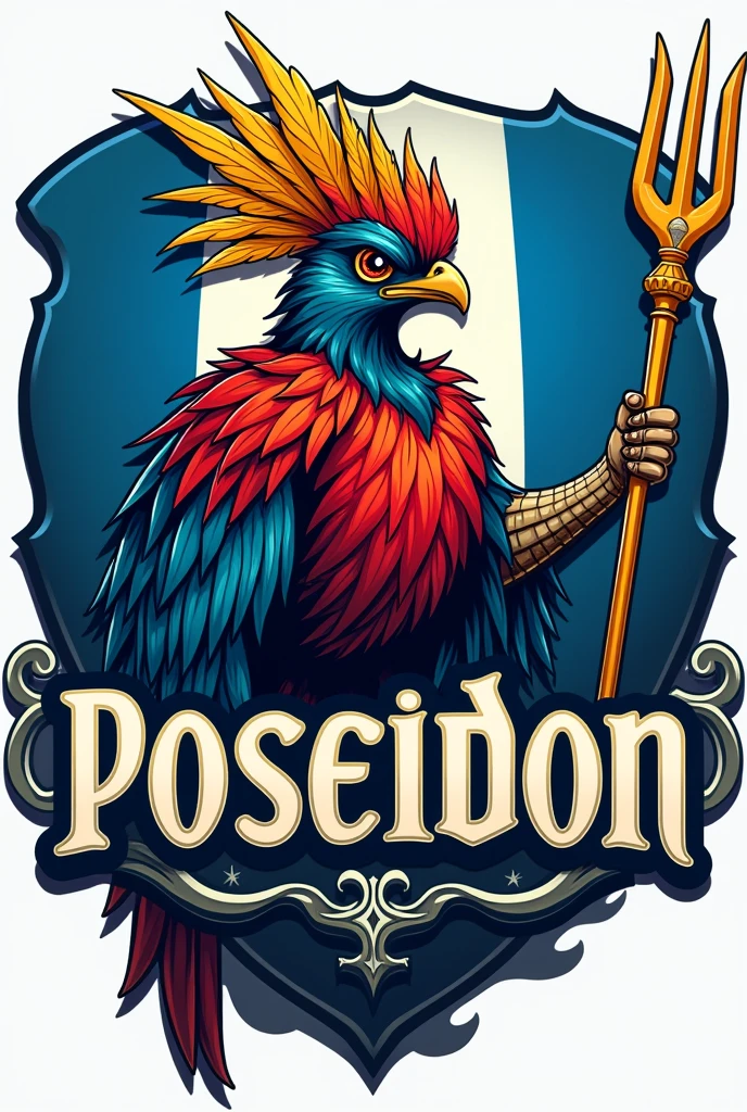 LOGO WITH WORD "Poseidon" with the Guatemalan flag in the background and a royal quetzal with a red chest and a trident