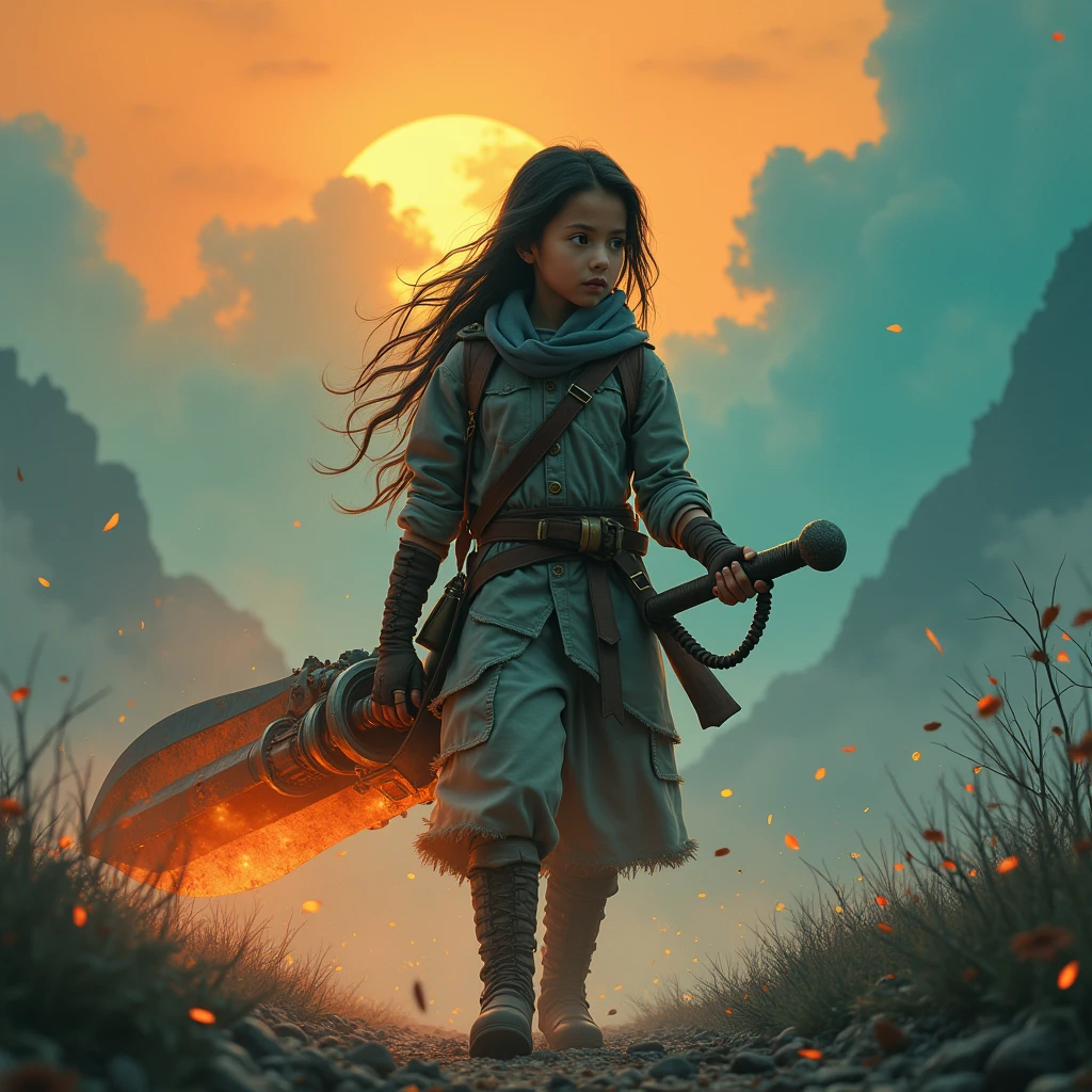 (Giant Weapon), a girl embarks on anadventure across landscapes painted in shades of (orange and teal:0.5), uncovering mysteries hidden beneath the surface. Beautiful cinematic lighting, surreal, RAW photo, color graded, dynamic movement, captivating chiaroscuro, (special effects:0.1), full body, award-winning, cinematic still, emotional, vignette, dynamic, vivid, (masterpiece, best quality, photorealistic, Professional, perfect composition, very aesthetic, absurdres, ultra-detailed, intricate details:1.3)