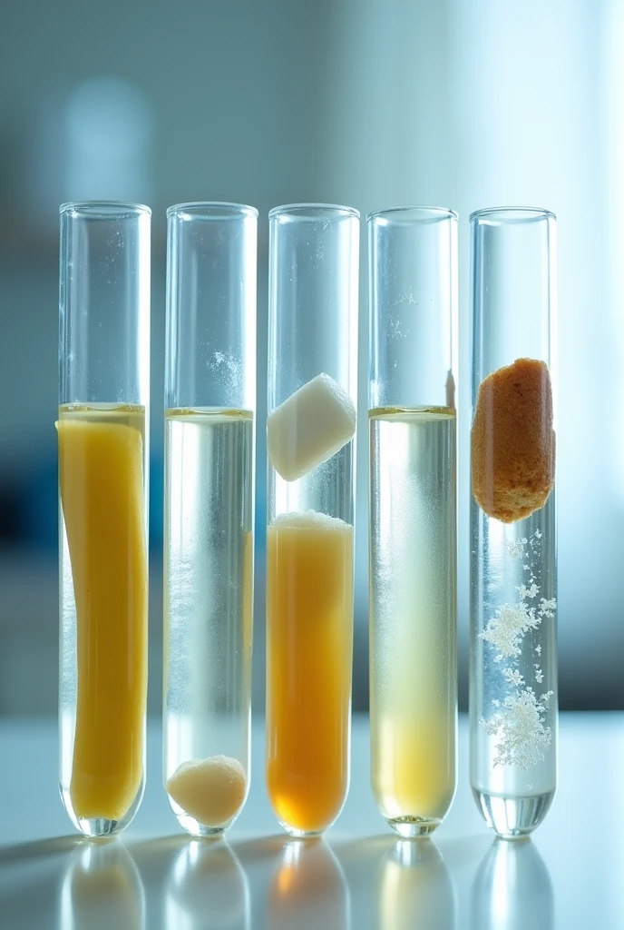 generates 6 test tubes and that each one is added a drop of Lugol ,and each test tube has a different food , in the first test tube a piece of banana is added to the second a piece of potato or potato to the third a few grams of sugar to the fourth a small piece of bread to the fifth a few grams of rice to the sixth a small piece of noodle , each tube with its respective chemical reaction , more noticeable with those that have starch all straight without errors