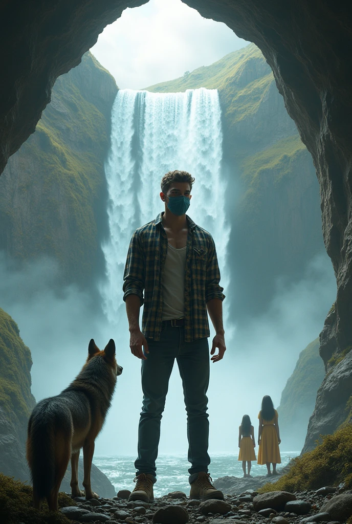 A handsome 22 year-old man wearing a mask having sports build wearing a checked shirt standing with wolf looking back. he is in a cave with a big waterfall as an entrance to the parallel universe. There are two girls standing and small elf and dragons flying in sky in background. 