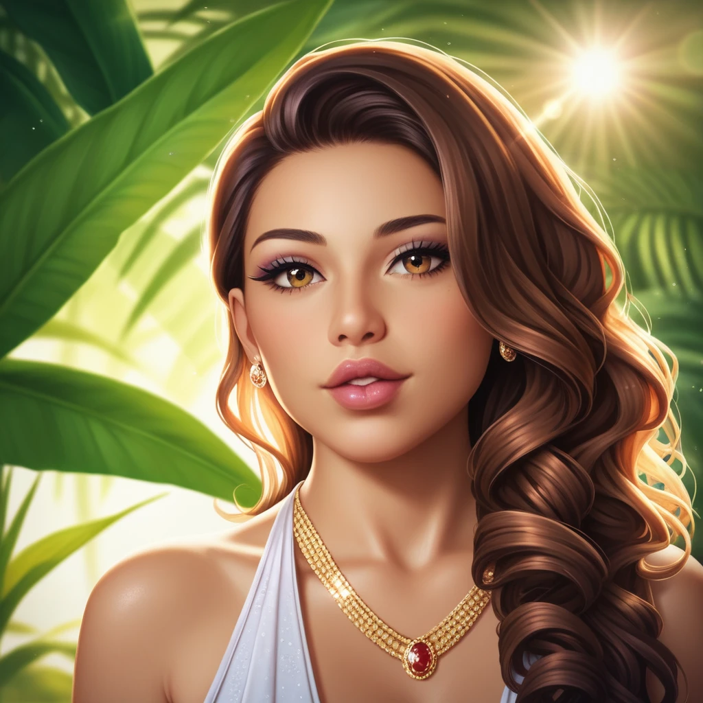 a beautiful latina woman (natural), detailed face, long curly brown hair, full lips, light skin, captivating eyes, elegant pose, intricately detailed dress, breathtaking environment, lush tropical forest, golden sunlight, warm color palette, cinematic lighting, photorealistic, 8k, masterpiece, hyper-detailed