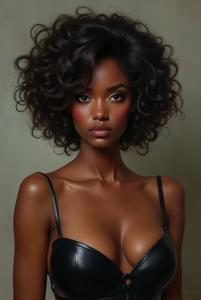A woman with dark skin, curly, short hair, and black eyes with large breasts.