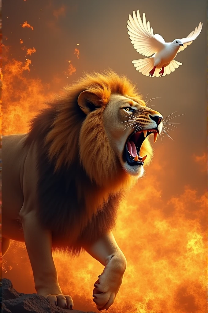 A roaring lion, behind which there are flames of fire And on the upper side of the image a white dove descending from the sky