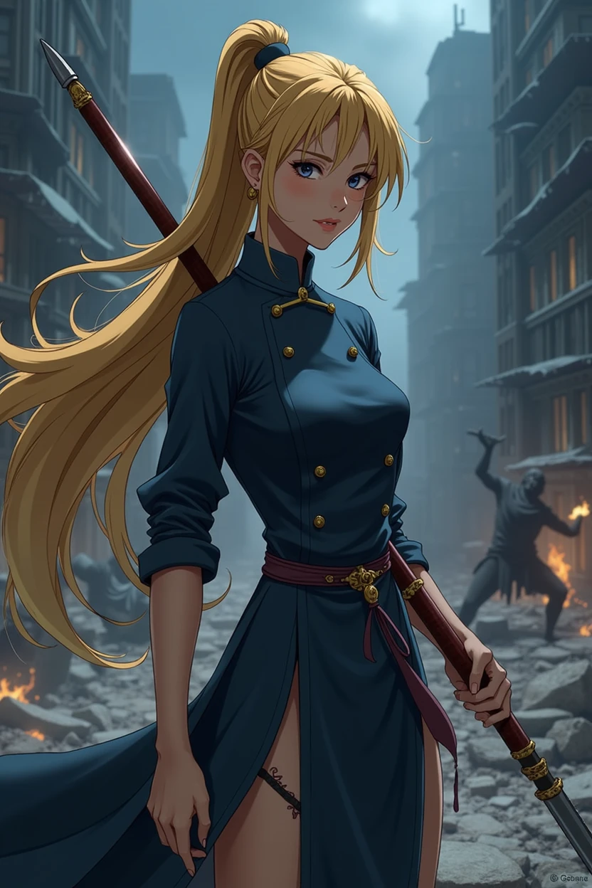 (anime:1.2), adult woman, wearing loose deep navy qipao dress, deep navy shirt with golden button, golden hair, medium tan skin, extremely long hair, hair with no bangs, visible forehead, black eyes, relaxed pose, strong and stoic expression, holding a spear, image shot from her side, detailed face, blood splattered across her clothes, monsters in background, broken city in background, cold colors, night sky, dark background, lighting from the front