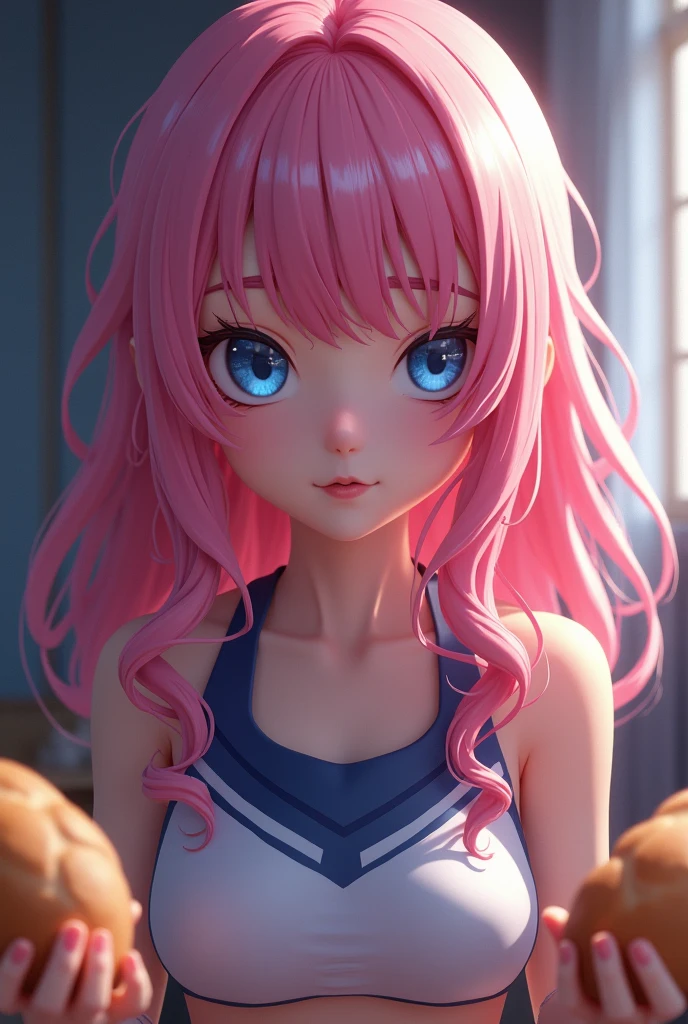 (8 k, Raw images, Best quality, Masterpiece), (practical, photo-practical:1.2), Very detailed, Girl1名, Beautiful, The recluse, Beautiful, Nose Turns Red, Soft Mouth, Beautiful detailed Blue eyes, Blue eyes, Medium construction, floating Pink hair, Pink hair, 2 loaves of bread, Girl,Feminine, Ultra-fine details, Complex scenes, ambient lighting, Soft Shine, amazing, Symmetrical facial features, Detailed Dissection, 解剖学的に正しいGirl, The scenery is beautiful, Meidozweet, mysterious, To write, Moderate, Logical, shy, Pink hair, Wearing a cheerleader uniform