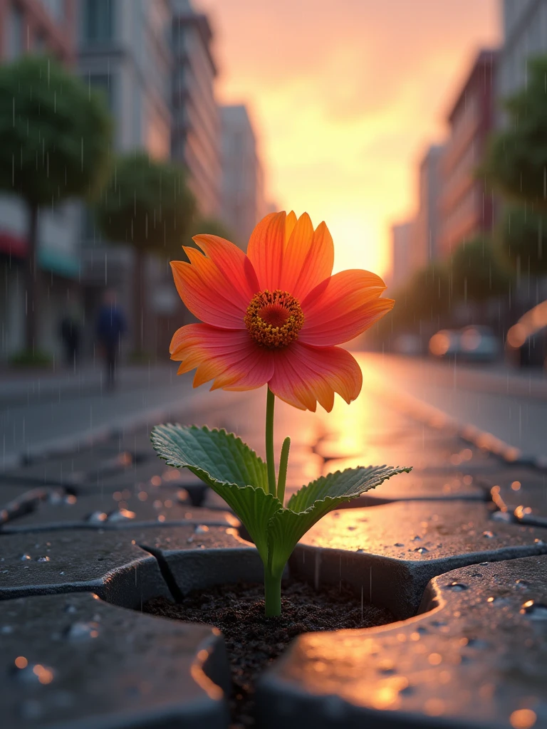 create a realistic video of a flower growing in the middle of the pavement, in the rain and with a sunset in the background
