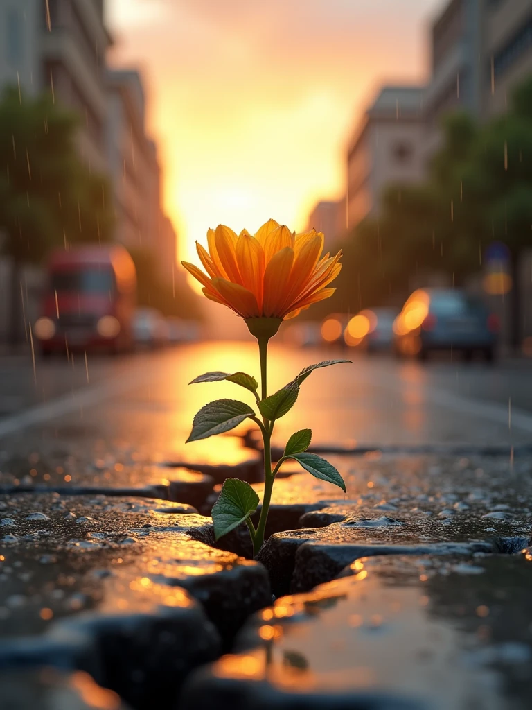 create a realistic video of a flower growing in the middle of the pavement, in the rain and with a sunset in the background