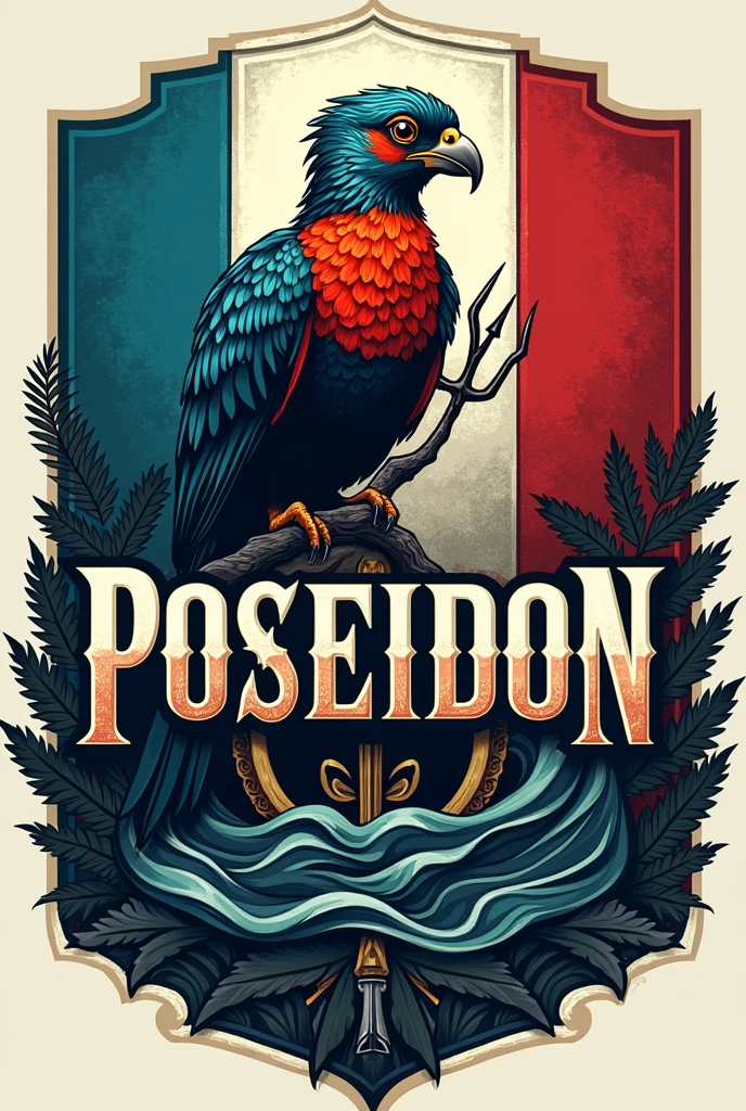 A highly detailed and realistic logo with the word "POSEIDON" in the center, the Guatemalan flag in the background, a real quetzal bird with a red chest, and a trident