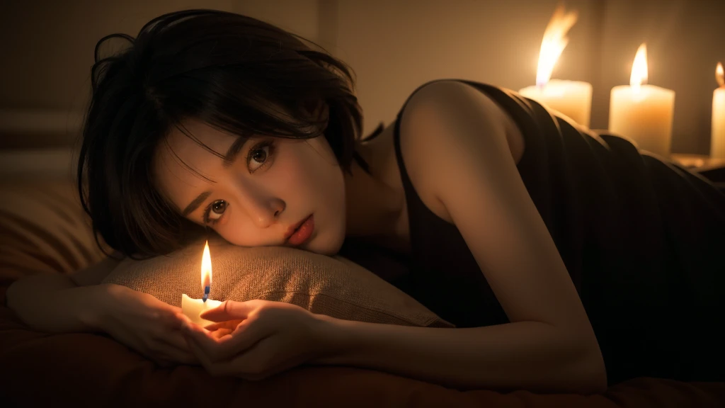 best quality， masterpiece， ultra high resolution， （In reality：1.5）， RAW photographer lovely， In the darkness of the night， deep shading， low tune， cold light， sexy look， short hair,1 candle