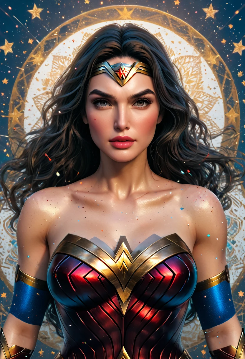 Official Art, Unity Wallpaper 8K, Very Detailed, Wonder Woman Beautiful and Aesthetic, High Quality, Beautiful, Masterpiece, Best Quality, (zen messy, mandala, messy, en messy:0.6),