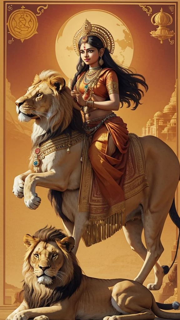 a woman riding on the back of a lion on top of a map, hindu aesthetic, hinduism, hindu art, lokah samastah sukhino bhavantu, by Ram Chandra Shukla, ancient india, hindu, india tika third eye, by Raja Ravi Varma, hindi text, avatar image, national geohraphic, india, aum, nationalist, Bharat mata, Indian flag in hand
