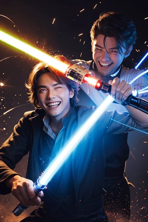 A madman smiling and swinging a lightsaber,Everything around him is being sliced and diced,Flying sparks,