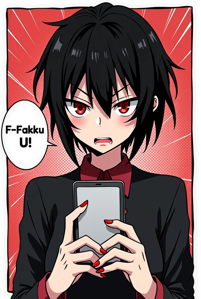 (masterpiece, best quality:1.2), (2comic panels, dot halftone, flat color), manga style, 1teenager, black hair, red eyes, vampire girl, scrolling on smart phone, (saying "F-Fakku U!" with angry face)