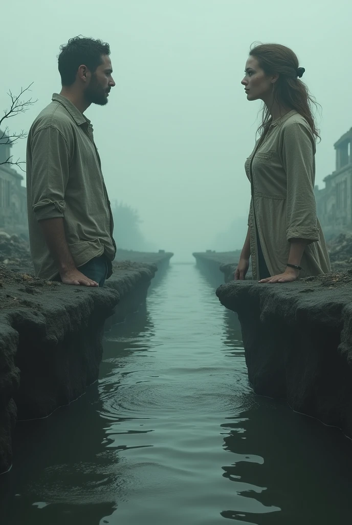 Two people on separate islands, gazing across the water in a post-apocalyptic world