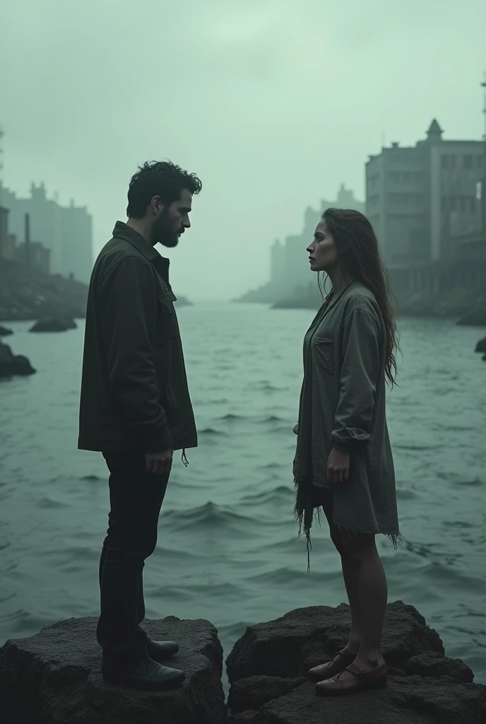 Two people on separate islands, gazing across the water in a post-apocalyptic world