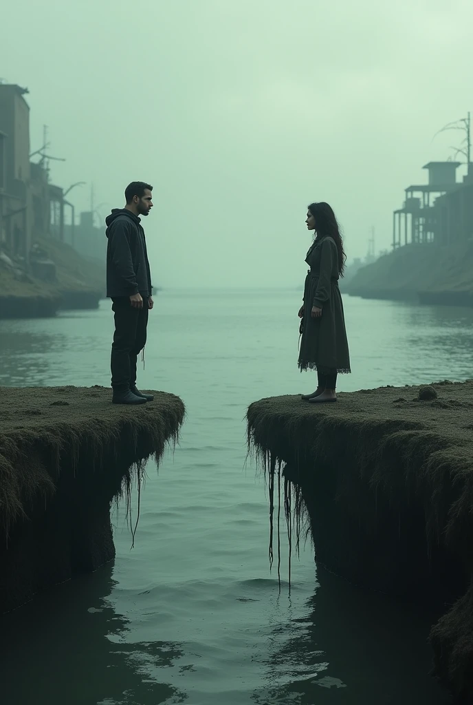 Two people on separate islands, gazing across the water in a post-apocalyptic world