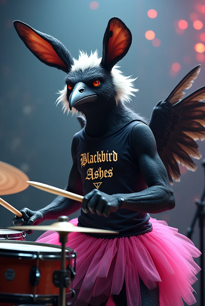 Raven with rabbit ears and a bad face, with short white hair. With a shirt that says "Blackbird Ashes"and a pink tutu. Playing drums at a heavy metal concert.