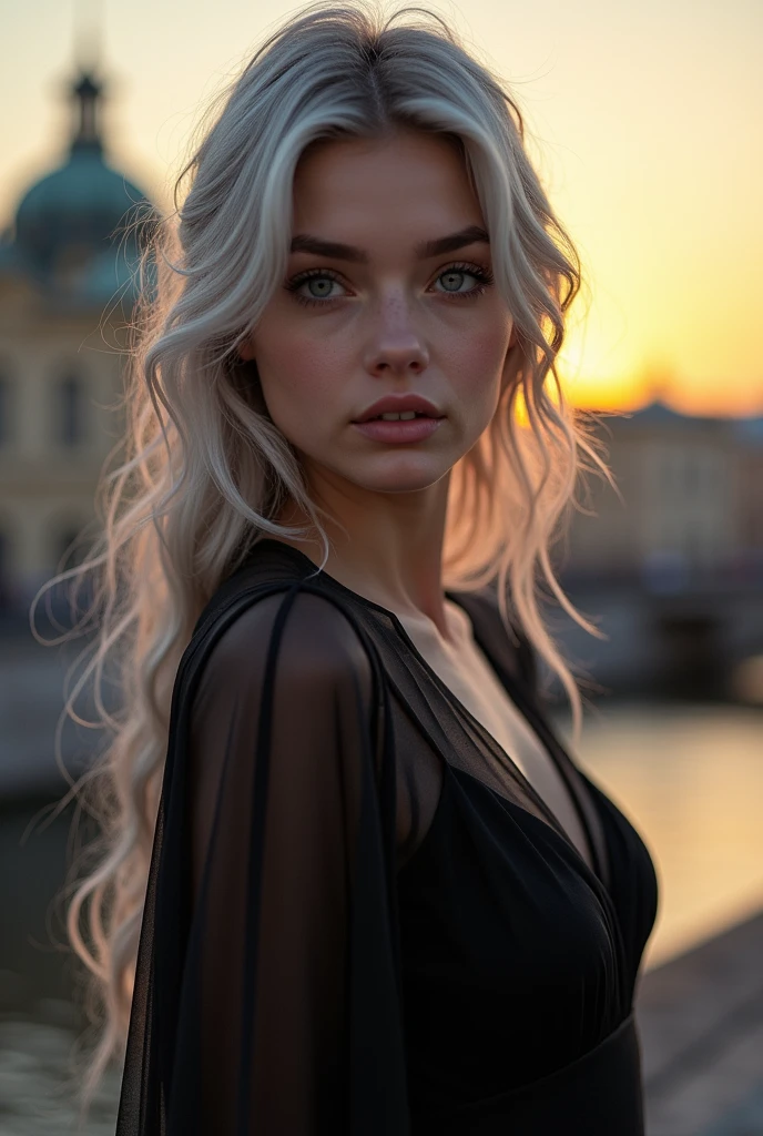 Beautiful girl with white skin, light gray hair, with bright shining eyes, Shiny skin, beautiful black manicure, Beautiful nails, pearl skin, In a black dress, beautifully detailed fingers, professional photo, 4K, a high resolution, high detail, realistic, looks straight, Against the backdrop of St. Petersburg, evening