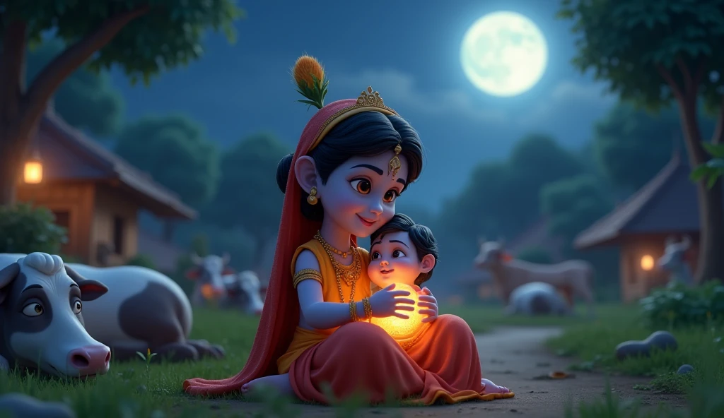 In cinematic 3D cartoon style. Shri Krishna's Birth and Gokul Arrival:A serene night scene in a lush village of Gokul, with a young, divine Krishna being cradled by Yashoda under the gentle glow of a full moon. Cows rest peacefully in the background.