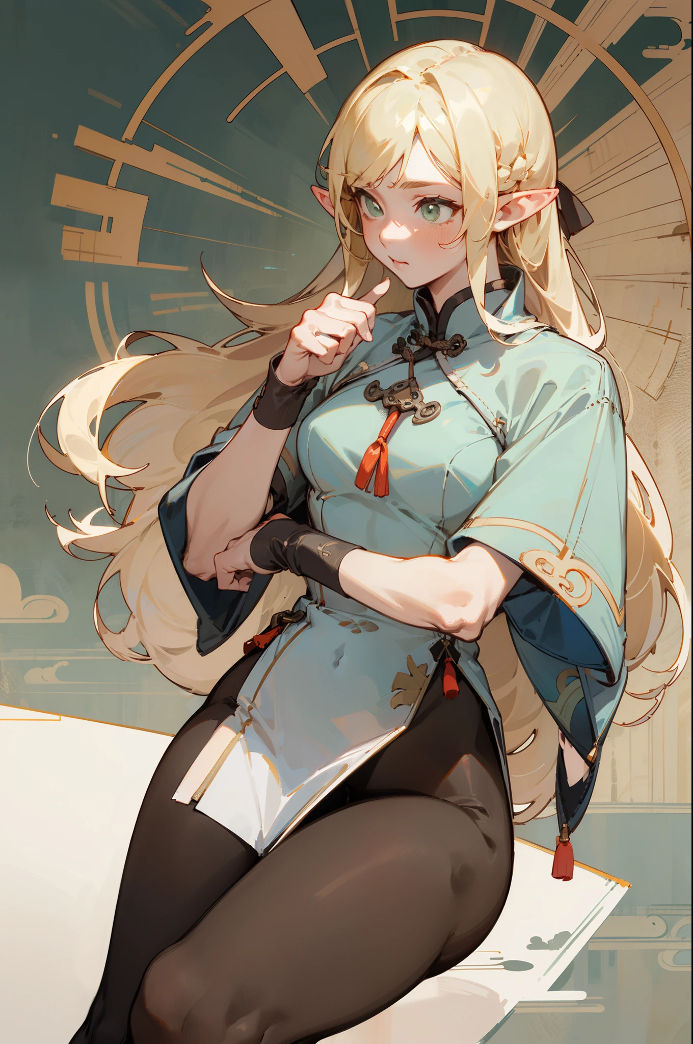 (masterpiece, Highest quality) detailed, wear black tights, Silver Accessories , Zipper open , blonde ,elegant, Pointy Ears ,Chinese element pattern,thigh,漏出thigh,((White Chinese Dress))Torn clothes,Alphonse Mucha