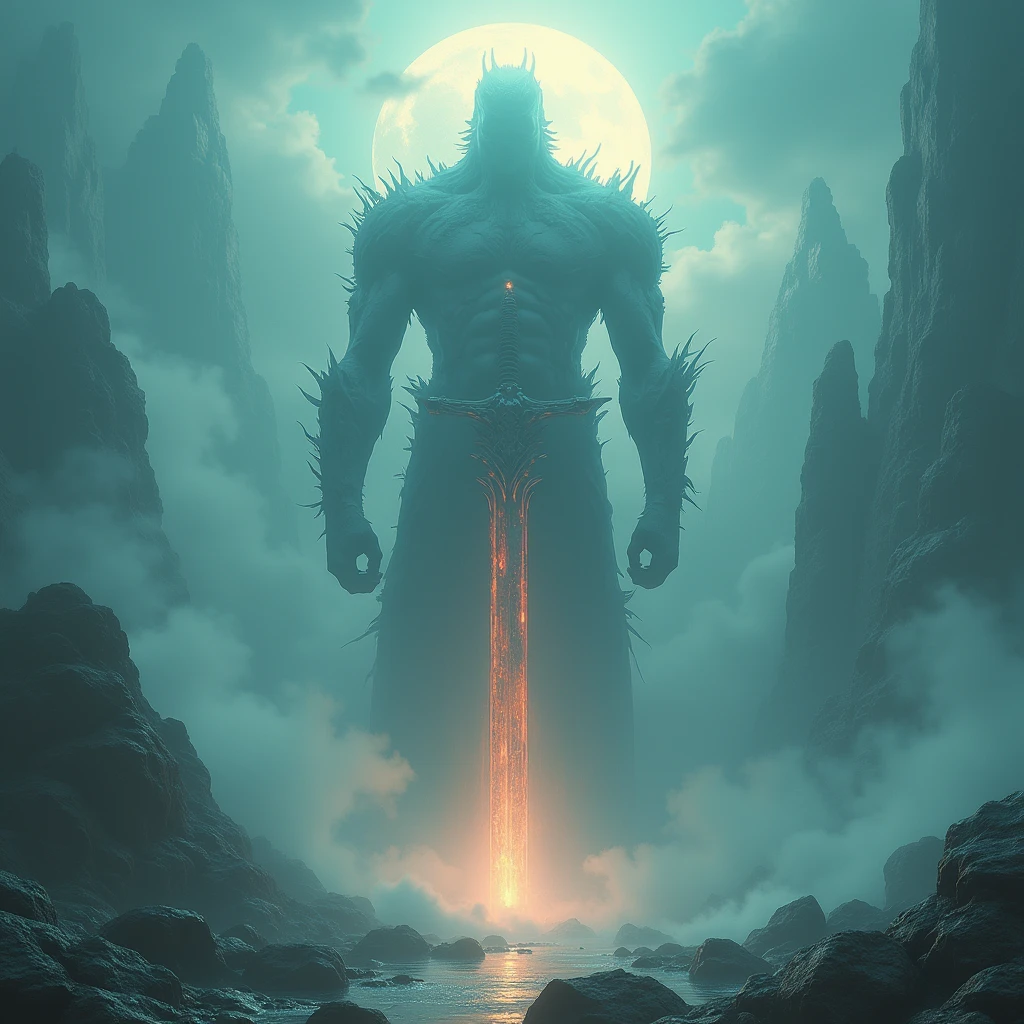 (Giant Weapon), Explore the mystical in Surreal Dreamscapes, where the surreal (Tulip color) merges with the dreamy (moonlight silver), creating imaginative and wondrous scenes. Beautiful cinematic lighting, surreal, RAW photo, color graded, dynamic movement, captivating chiaroscuro, (special effects:0.1), full body, award-winning, cinematic still, emotional, vignette, dynamic, vivid, (masterpiece, best quality, photorealistic, Professional, perfect composition, very aesthetic, absurdres, ultra-detailed, intricate details:1.3)