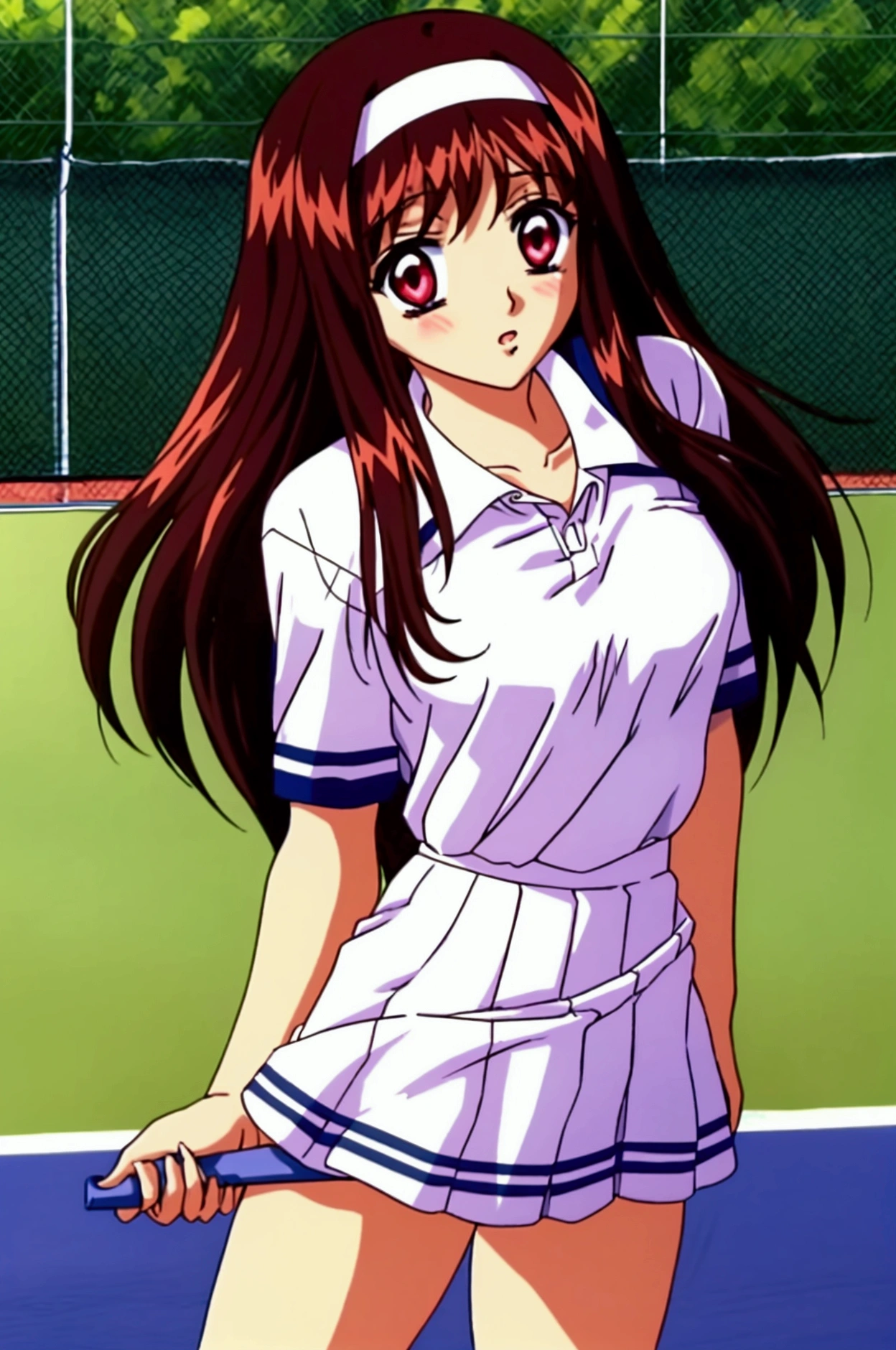 Yuuki Mizuho, Long Hair, hair band, White tennis uniform, White polo shirt, Raglan sleeves, Pleated skirt, White Skirt, ((A man rubs his chest from behind)), The wind blows up my skirt, From the back, The buttocks are in full view, Stick your ass out,Red eyes, Brown Hair, blush, Lips parted, liar, View your viewers, One person, difficult, Cowboy Shot, Tennis court, masterpiece, expensive quality, very_expensive_solve, big_file size, Full Color,