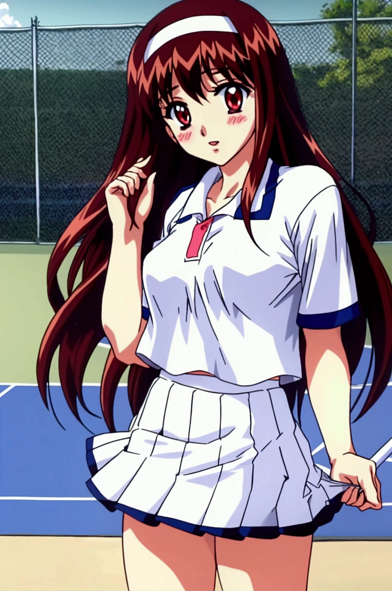 Yuuki Mizuho, Long Hair, hair band, White tennis uniform, White polo shirt, Raglan sleeves, Pleated skirt, White Skirt, ((A man rubs his chest from behind)), The wind blows up my skirt, From the back, The buttocks are in full view, Stick your ass out,Red eyes, Brown Hair, blush, Lips parted, liar, View your viewers, One person, difficult, Cowboy Shot, Tennis court, masterpiece, expensive quality, very_expensive_solve, big_file size, Full Color,