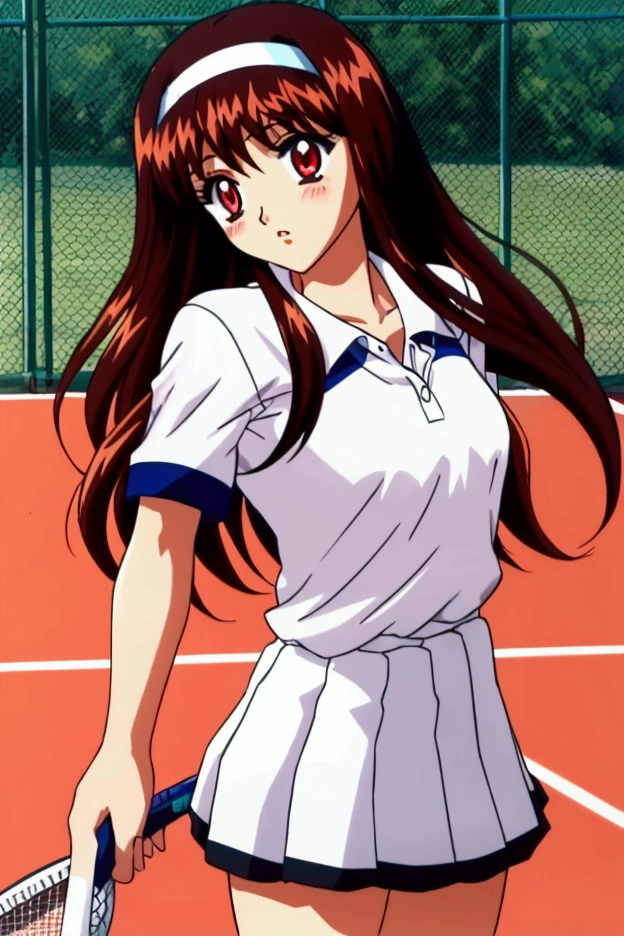 Yuuki Mizuho, Long Hair, hair band, White tennis uniform, White polo shirt, Raglan sleeves, Pleated skirt, White Skirt, ((A man rubs his chest from behind)), The wind blows up my skirt, From the back, The buttocks are in full view, Stick your ass out,Red eyes, Brown Hair, blush, Lips parted, liar, View your viewers, One person, difficult, Cowboy Shot, Tennis court, masterpiece, expensive quality, very_expensive_solve, big_file size, Full Color,