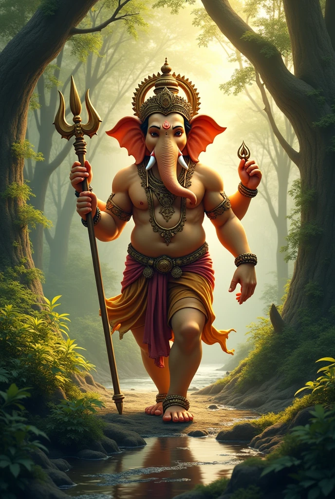 Hindu God lord Ganesha walking in forest with holding a trident 