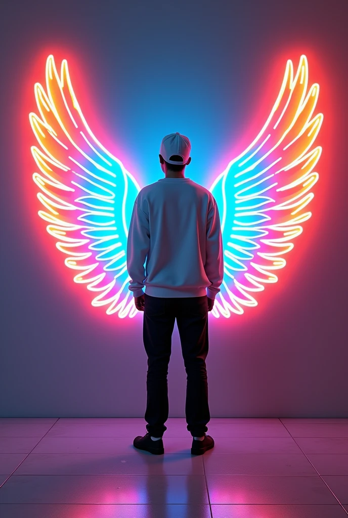 In this striking and futuristic scene, a mysterious individual stands backward in front of a mesmerizing neon wall. The individual’s casual attire – a white sweater, white cap, black pants, and black shoes – contrasts with the vibrant neon wings in indian flag color, symmetrically placed on either side of the figure. The bold red neon quote “Nishant” adds an inspiring touch to the composition. The floor, made of tiles, reflects the grayish hue of the wall