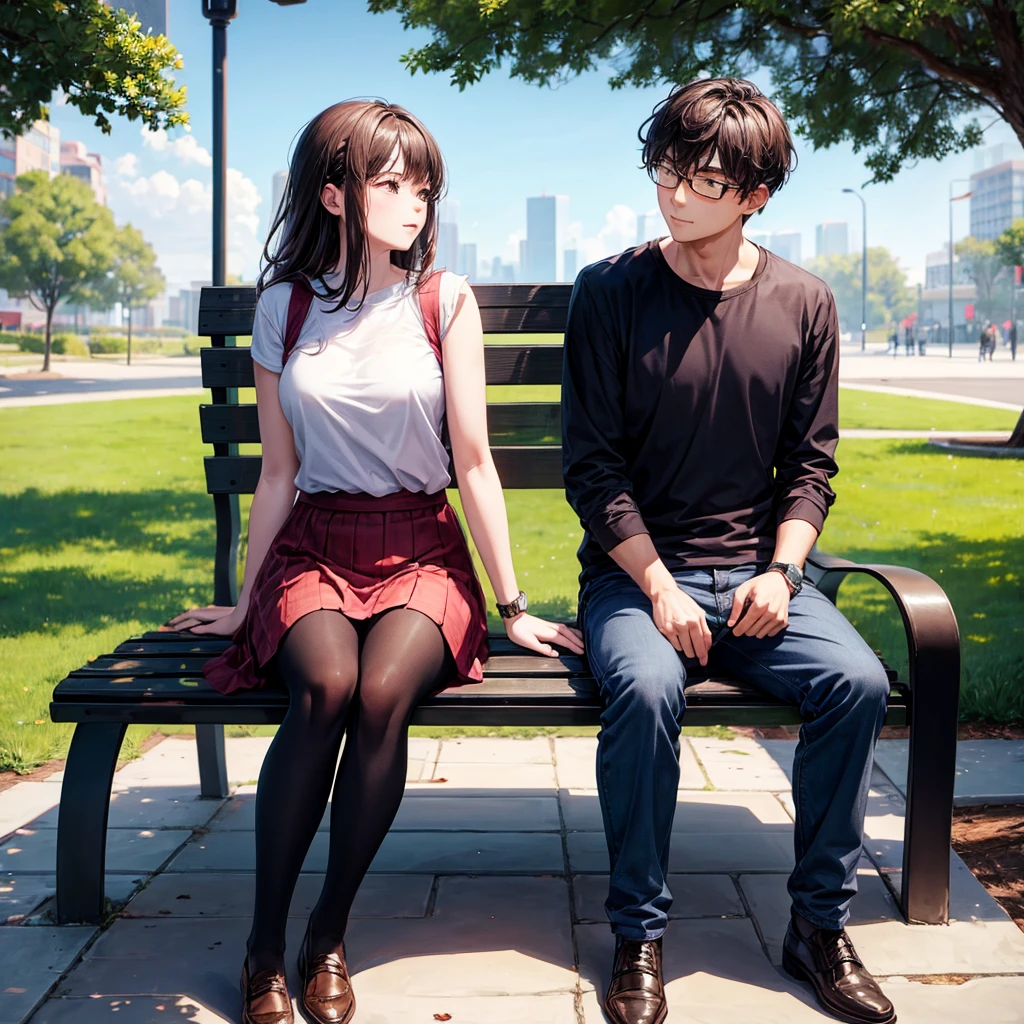 man and woman sitting on a park bench , 2 person