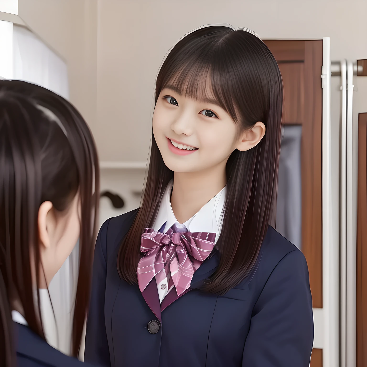 (highest quality, masterpiece, high resolution:1.2), 4K, (Photo quality detailed face: 1.4), (Giorgione painting style: 0.8), geometry, (15 yo cute girly Japanese girl is turning her face to me and looking me in a mirror room: 1.2), Laughing cutely, (neat girly white short-sleeves school blouse: 1.0), (puffed short sleeves: 1.0), (Dark red glossy school ribbon on the breast: 1.0), (Japanese school girly blazer uniform: 1.2), (Box-pleated school skirt: 1.4), (Extremely laughing cheeks: 1.0), (Beautiful light-amber cute-dolly clear eyes with detailed: 1.4), (Long bottom eyelashes: 1.2), (Expressing the greatest joy with her whole body: 1.2), (Glossy lips: 1.0), (Super-straight super-long hair: 1.5), (white and clear skin: 1.0), (Promoting Shampoo: 1.2), (her friends are smiling around her: 1.2)