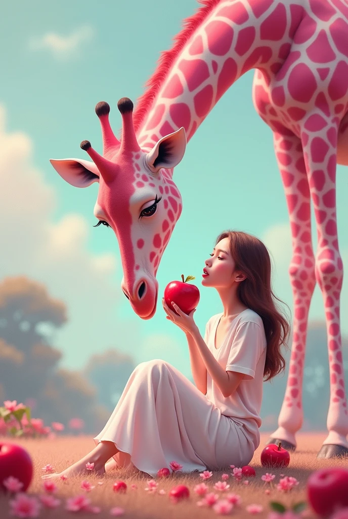 Pink giraffe over a woman eating an apple