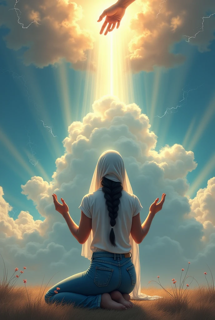 A beautiful white young indian women wearing white top knee length and blue jeans pant with a long hair braided covered her head with veil praying to God on her knees having her hands praising God with a background of clouds shining with thunders and God blessing her with hand from top.