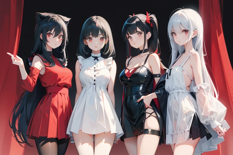 4 anime girls ((evenly spaced)), black hair ((different hairstyles)), silver eyes, red lips, red dress shirt ((all girls)), black skirt ((first girl)), black pants ((second girl)), black shorts ((third girl)), long black skirt ((forth girl)), white, red, black, mono chrome, postmodern, pomo, 1970s, 1970, 1970 time period