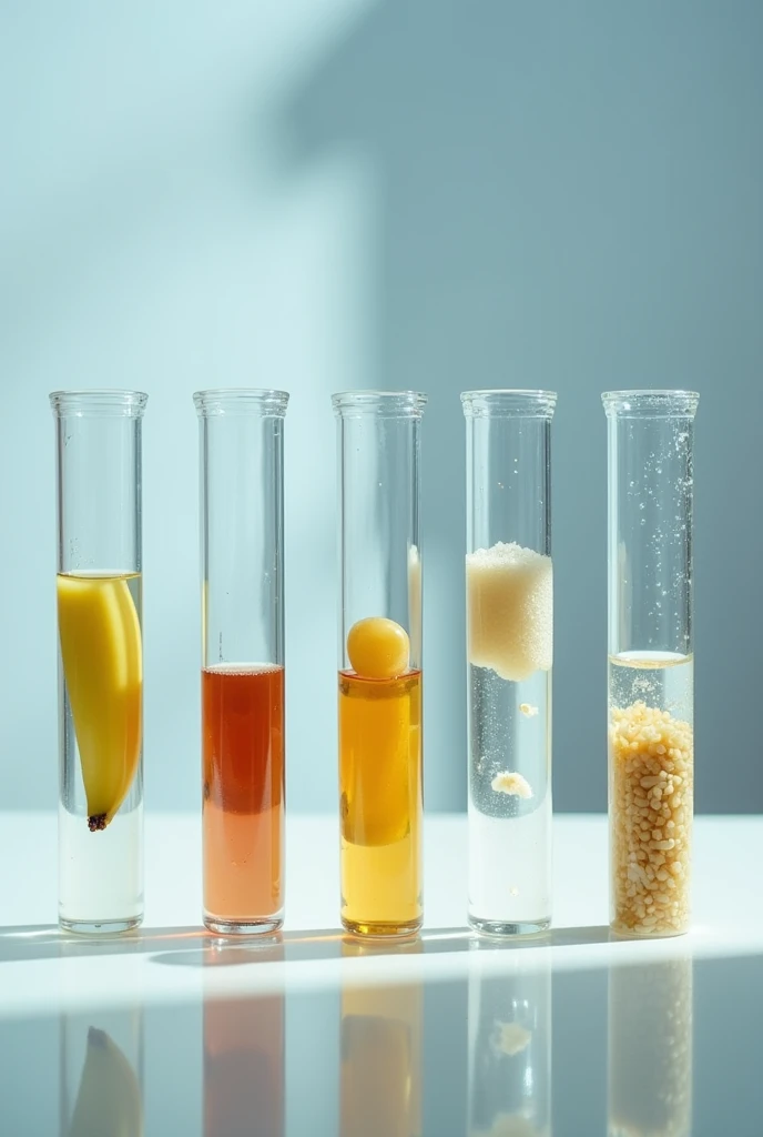 generates 6 test tubes and that each one is added a drop of Lugol ,and each test tube has a different food , in the first test tube a piece of banana is added to the second a piece of potato or potato to the third a few grams of sugar to the fourth a small piece of bread to the fifth a few grams of rice to the sixth a small piece of noodle , each tube with its respective chemical reaction , more noticeable with those that have starch all straight without errors