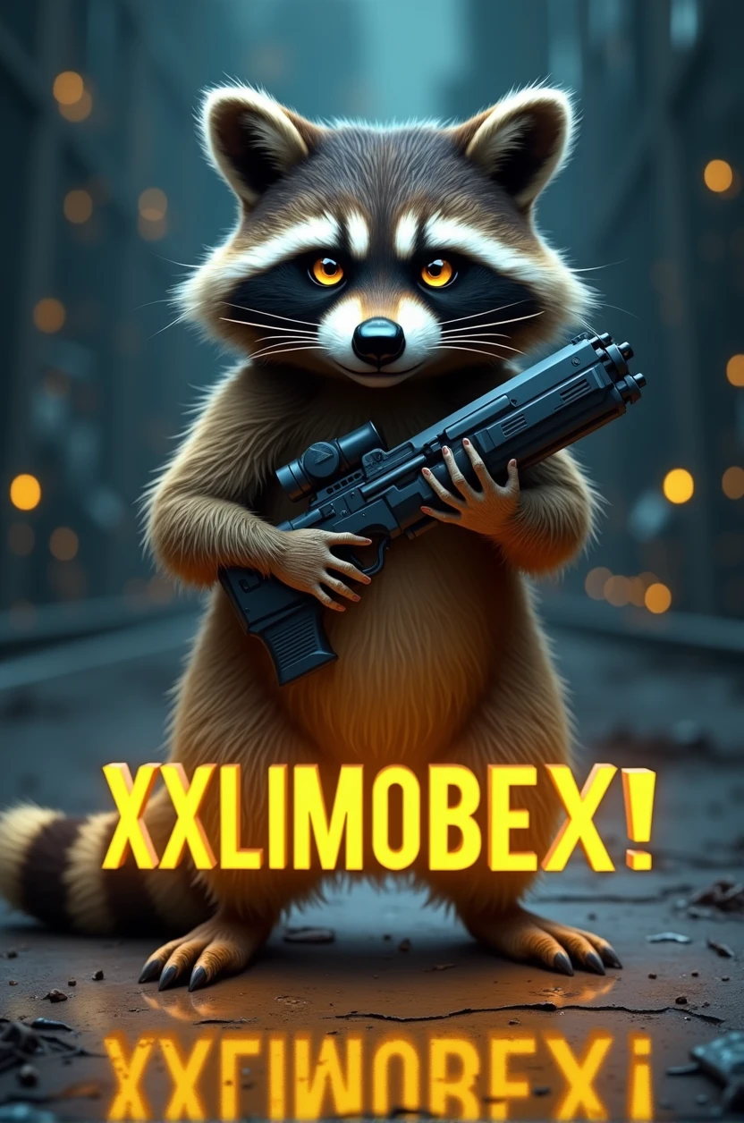 Galactic raccoon with a weapon in hand. Under the raccoon should be in yellow neon writing "XXLIMOBEIXX" Stand