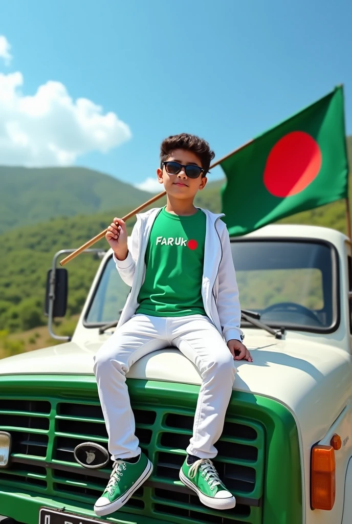 Create an Real image featuring asitting on the hood of a white and green truck,with Bangladesh's scenic background. He's holding a flag celebrating Bangladesh's 01. November The boy wears a green T-shirt with 'Faruk' printed on it, white jacket, white pants, green shoes and sunglasses."
