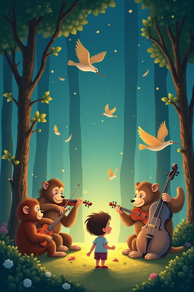 A child dreaming of an animal orchestra