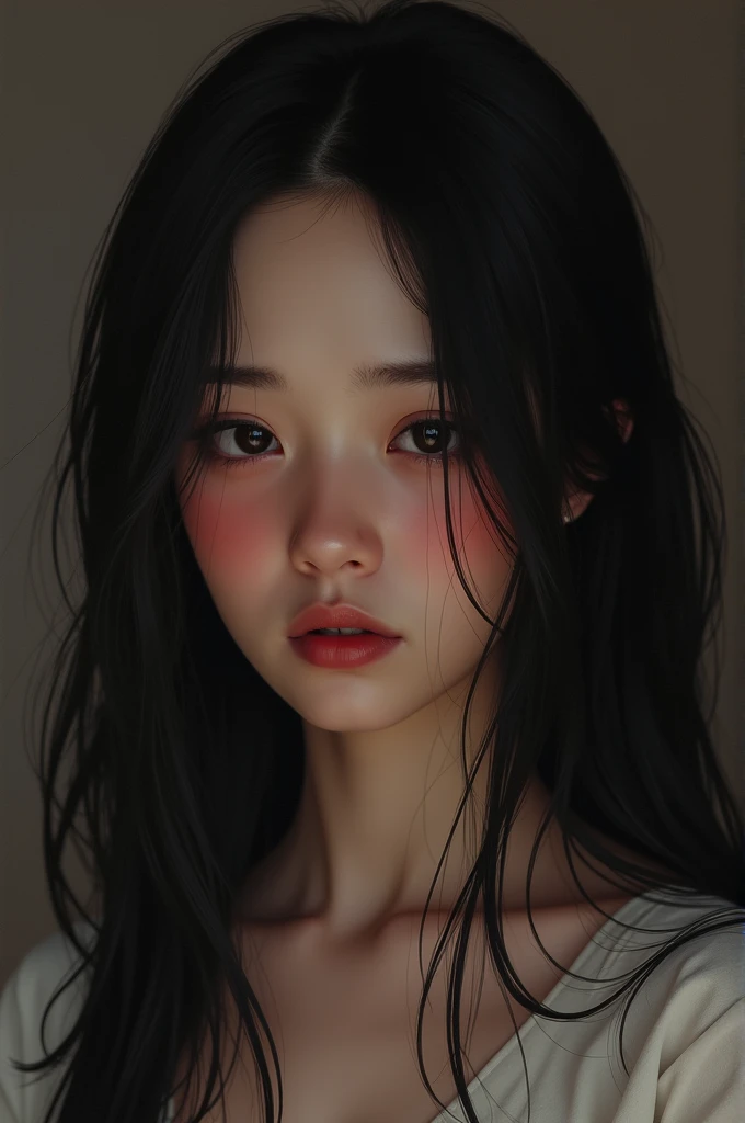 Create a fair-skinned woman,She blushed with shame., with long dark hair