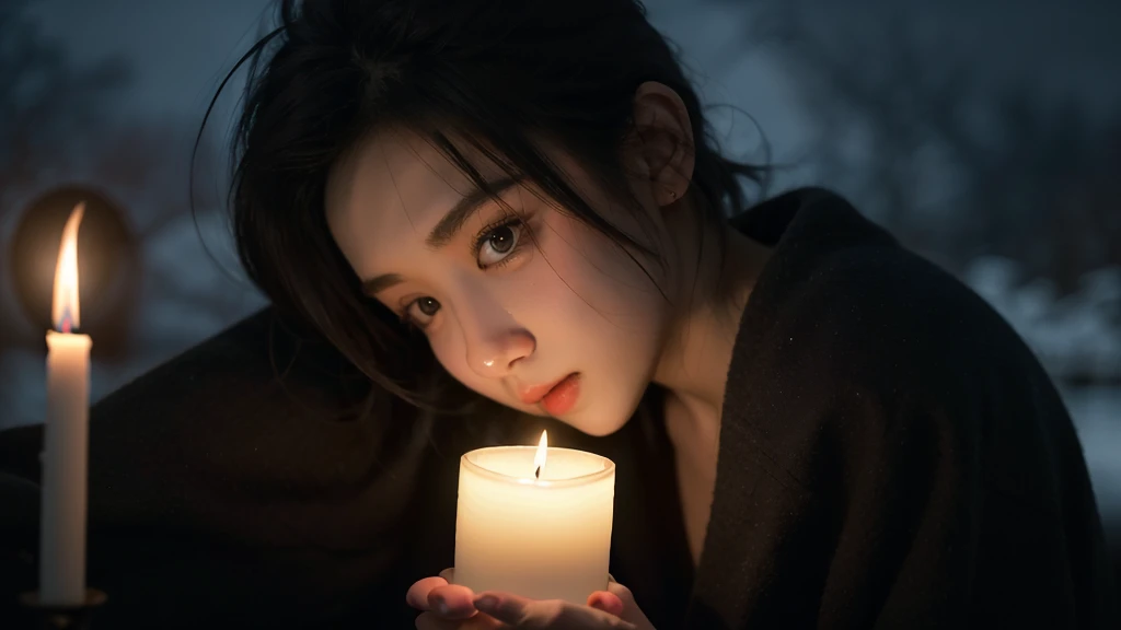 best quality， masterpiece， ultra high resolution， （In reality：1.5）， RAW photographer lovely， In the darkness of the night， deep shading， low tune， cold light， sad look， short hair,1 candle