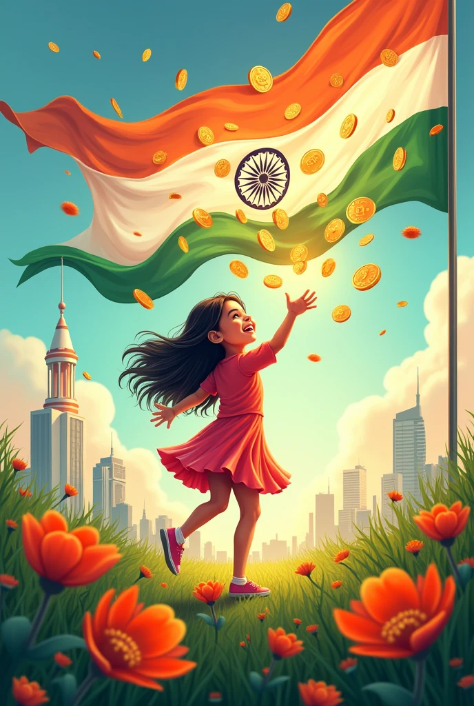 Create a poster 'CRYPTO DROPS'
A vibrant and energetic digital illustration of a young girl joyfully releasing a set of colorful crypto coins, symbolizing digital currencies like Solana, Bitcoin, Ton, and Ethereum. The coins are styled like flowers, with the Indian flag's colors prominently featured. The background showcases a beautifully illustrated Indian flag, incorporating elements of technology and modernity, such as a futuristic cityscape and a rocket launching into the sky. The overall mood of the poster is joyful, patriotic, and futuristic, celebrating India's Independence Day with a touch of innovation., illustration
