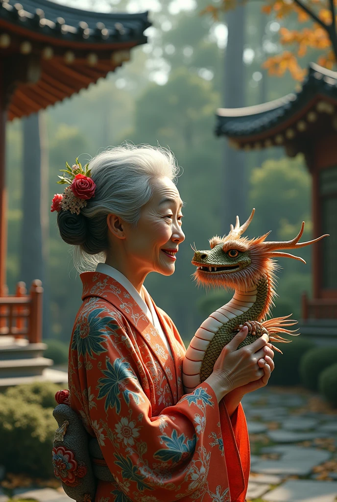 Happy kimono grandma pet oriental dragon in forest wooden japanese zen temple