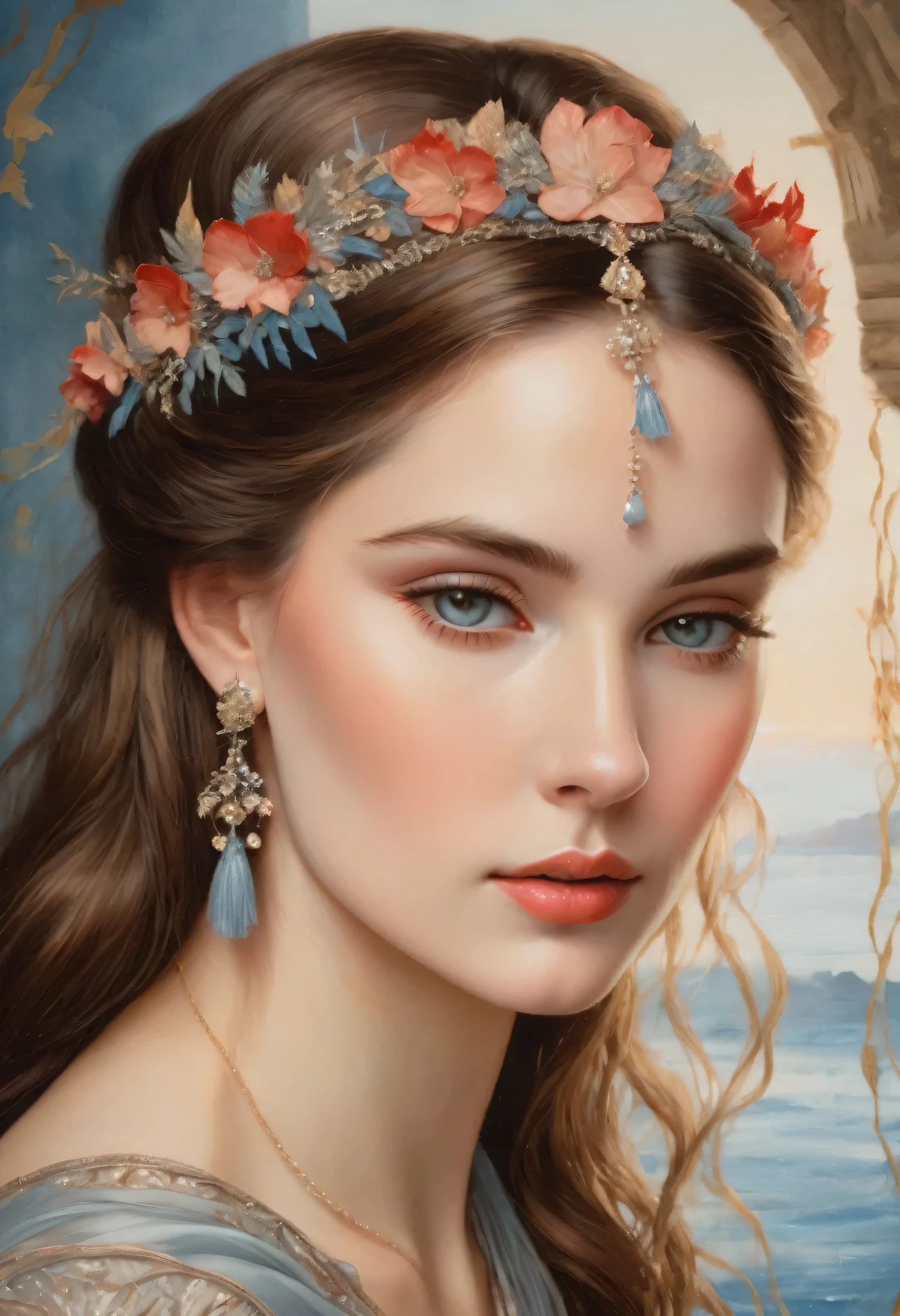 "An art nouveau style painting in soft pastel tones depicts a beautiful woman with pale eyes, detailed eyelashes and meticulously shaped eyebrows. Her face is exquisitely detailed, with a full mouth, almost pale skin accentuated by a soft blush. Her long brown hair highlights cascade gracefully over exposed shoulders, ((in a perfect half-length, facing the camera)), catching the golden light of the hour that adds a soft glow. She wears a delicate silver tiara, red stone with matching earrings and. a necklace adorned with dried flowers and leaves are subtly woven into her look, enhancing her ethereal presence. Her light fabric dresses, in shades of gray and soft blue, feature intricate and delicate embroidery. delicate and serene elegance of the moment.