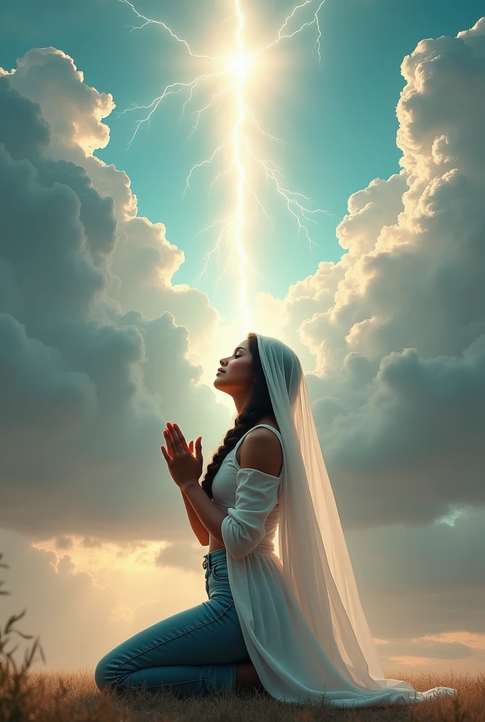 A beautiful white young indian women wearing long white top and blue jeans pant with a long hair braided covered her head with veil praying to God on her knees having her hands praising God with a background of clouds shining with thunders and God blessing her with hand from top.