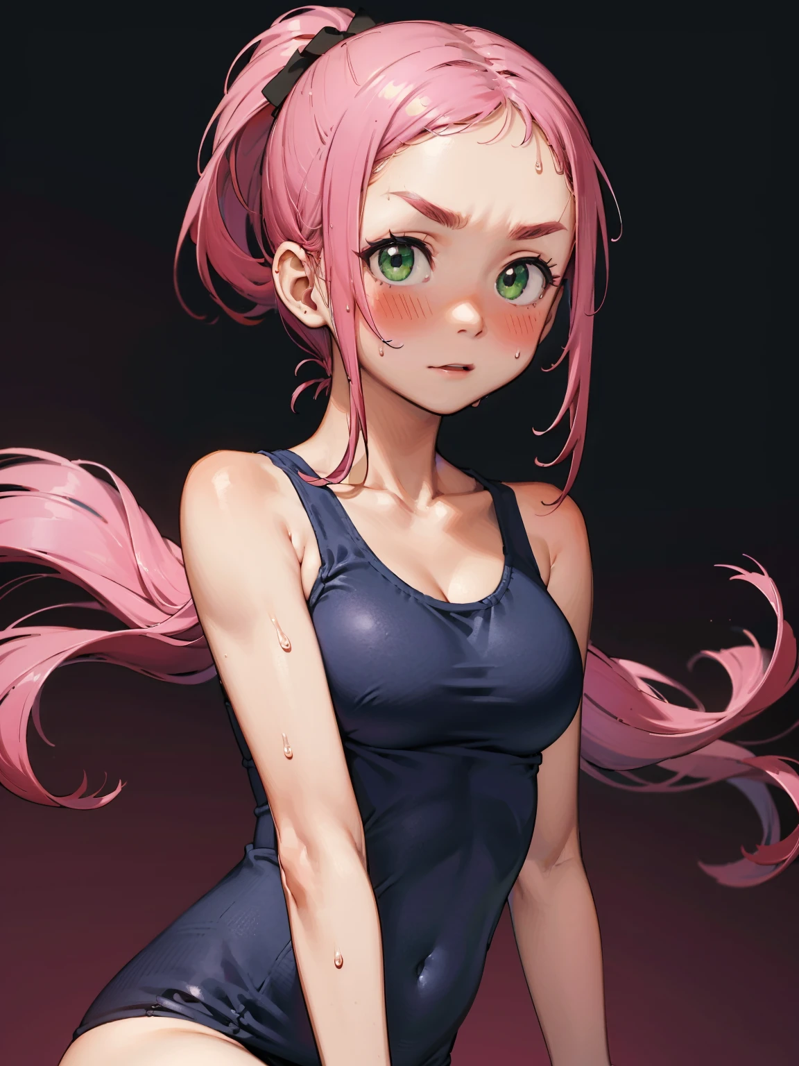 8K quality,(super masterpiece:1.3),Highest quality,Detailed Images,1 female,symmetrical beauty,10th Generation,Medium build,(Panic look,blush,bright red,Sweat),(Pink Hair,Long Hair,High Ponytail),(Thick eyebrows,Thick eyebrows),(Droopy eyes,Green Eyes,Green Eyes,Bright Eyes),(Large Breasts,F cupの胸),Tan Skin,(School Swimsuit),(Draw the whole body),(Face directly towards the camera,Looking directly at the viewer,looking at the camera,The body faces the viewer,The body is facing the direction of the camera,Face looking straight into the camera).