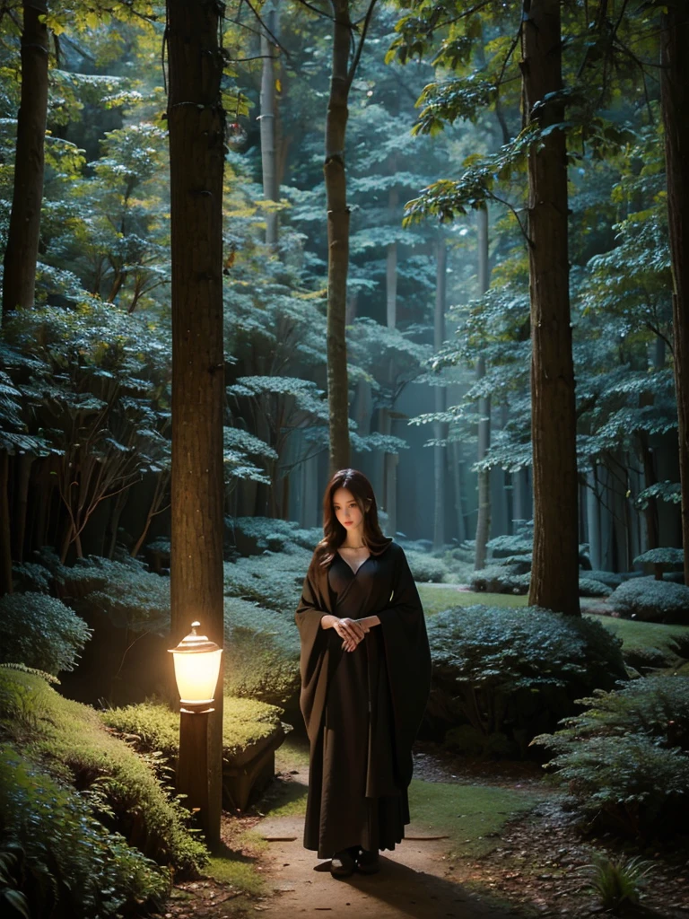 A serene night scene in a dense forest, with a beautiful witch standing in the middle. The witch wears a simple, elegant dark robe with long sleeves, blending harmoniously with the natural surroundings. Her expression is calm and thoughtful, exuding quiet power and wisdom. The forest is illuminated by soft, ethereal moonlight filtering through tall, slender trees, casting gentle shadows on the moss-covered ground. The atmosphere is peaceful and subdued, with a focus on the quiet beauty of the night. The scene should feel mystical and tranquil, with the witch seamlessly integrated into the starlit environment."

Additional Parameters:

Style: Realistic, moody lighting
Lighting: Soft moonlight, subtle shadows
Colors: Dark tones, natural shades
Composition: The witch should be centered, with tall trees in the background and soft light highlighting her figure
Environment: Dense forest at night, mossy ground, serene atmosphere