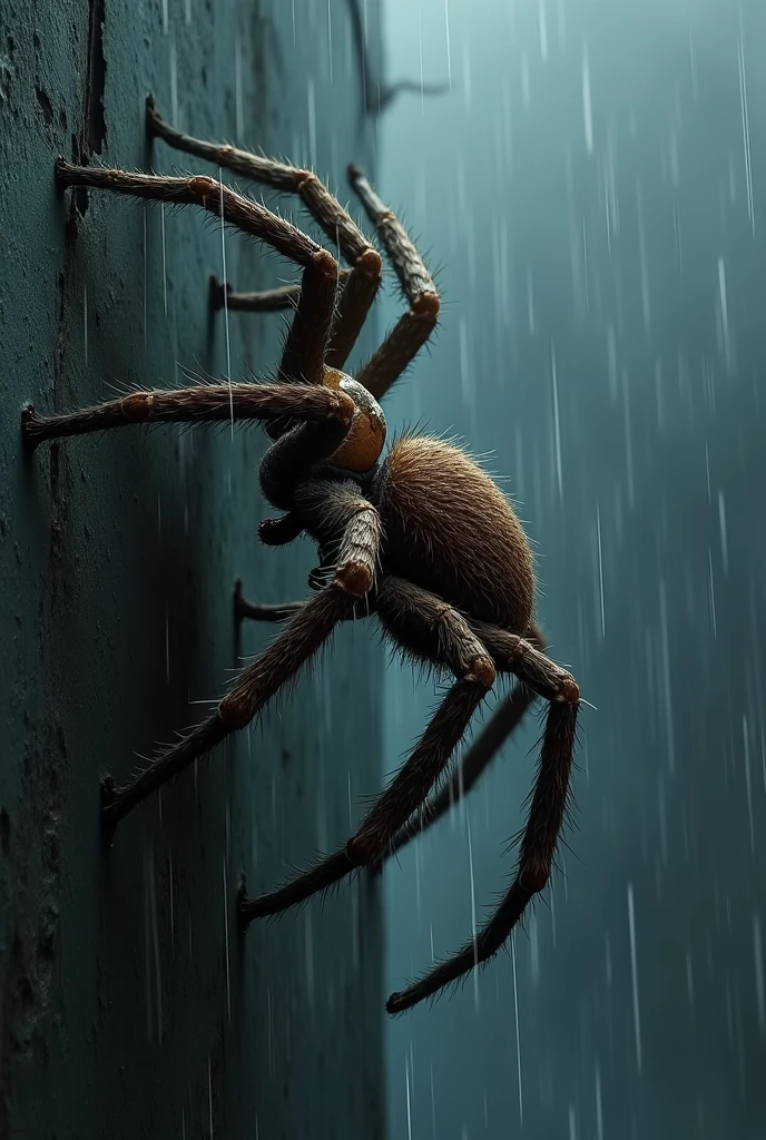 A spider climbing a wall in heavy rain