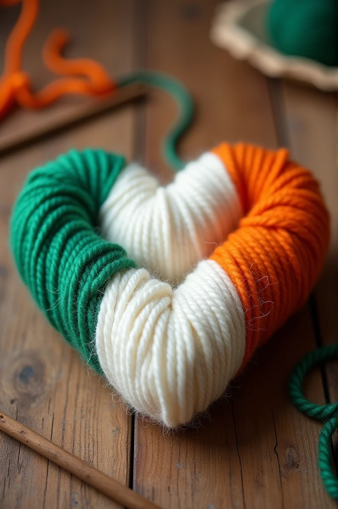 Three multicolored balls of wool in the shape of a heart: green, white, orenge, white on a wooden table close-up and knitting needles with copy space. Concept: flag of France.